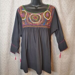 Black Embroidered Babydoll Peasant Top Bohemian Tunic 3/4 Sleeve Boho Beach OSFM